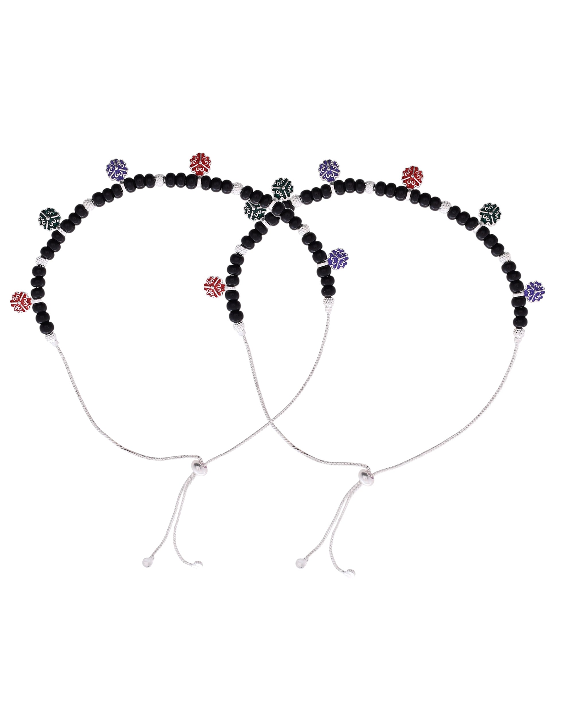 Jewels Nest Traditional Silver-Plated Black Beaded Anklet with Floral Charms | Grocsy