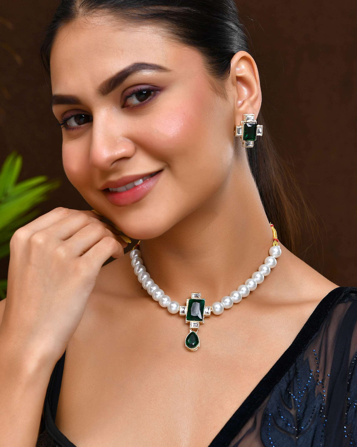 Jewels Nest Kundan Inspired Pearl and Green Stone Bridal Necklace | Grocsy