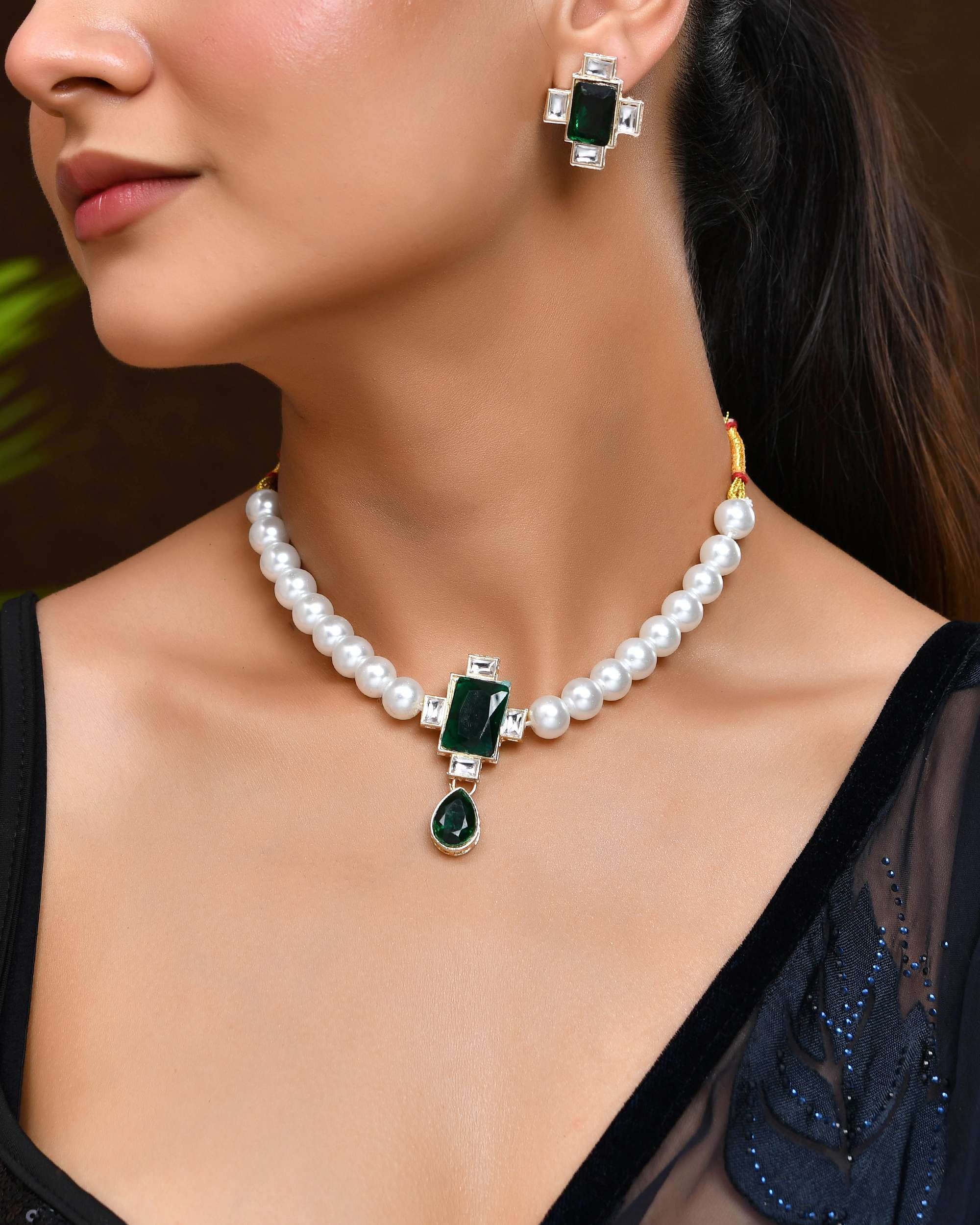 Jewels Nest Kundan Inspired Pearl and Green Stone Bridal Necklace | Grocsy