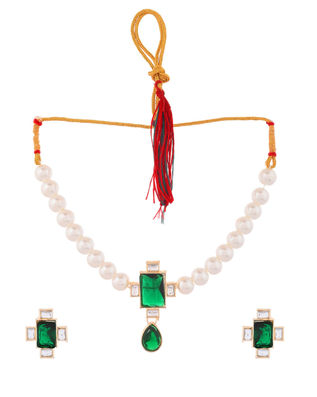 Jewels Nest Kundan Inspired Pearl and Green Stone Bridal Necklace | Grocsy