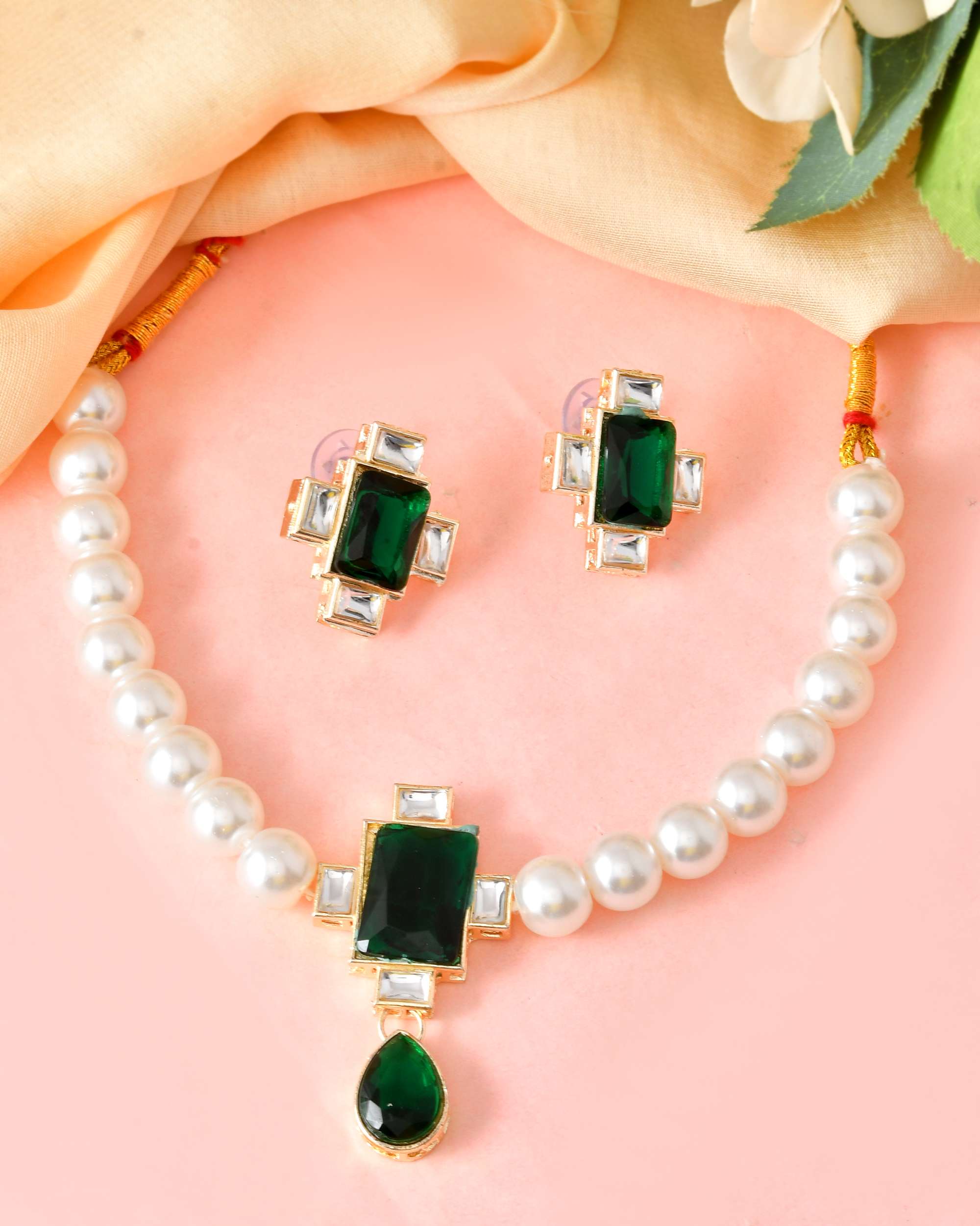 Jewels Nest Kundan Inspired Pearl and Green Stone Bridal Necklace | Grocsy