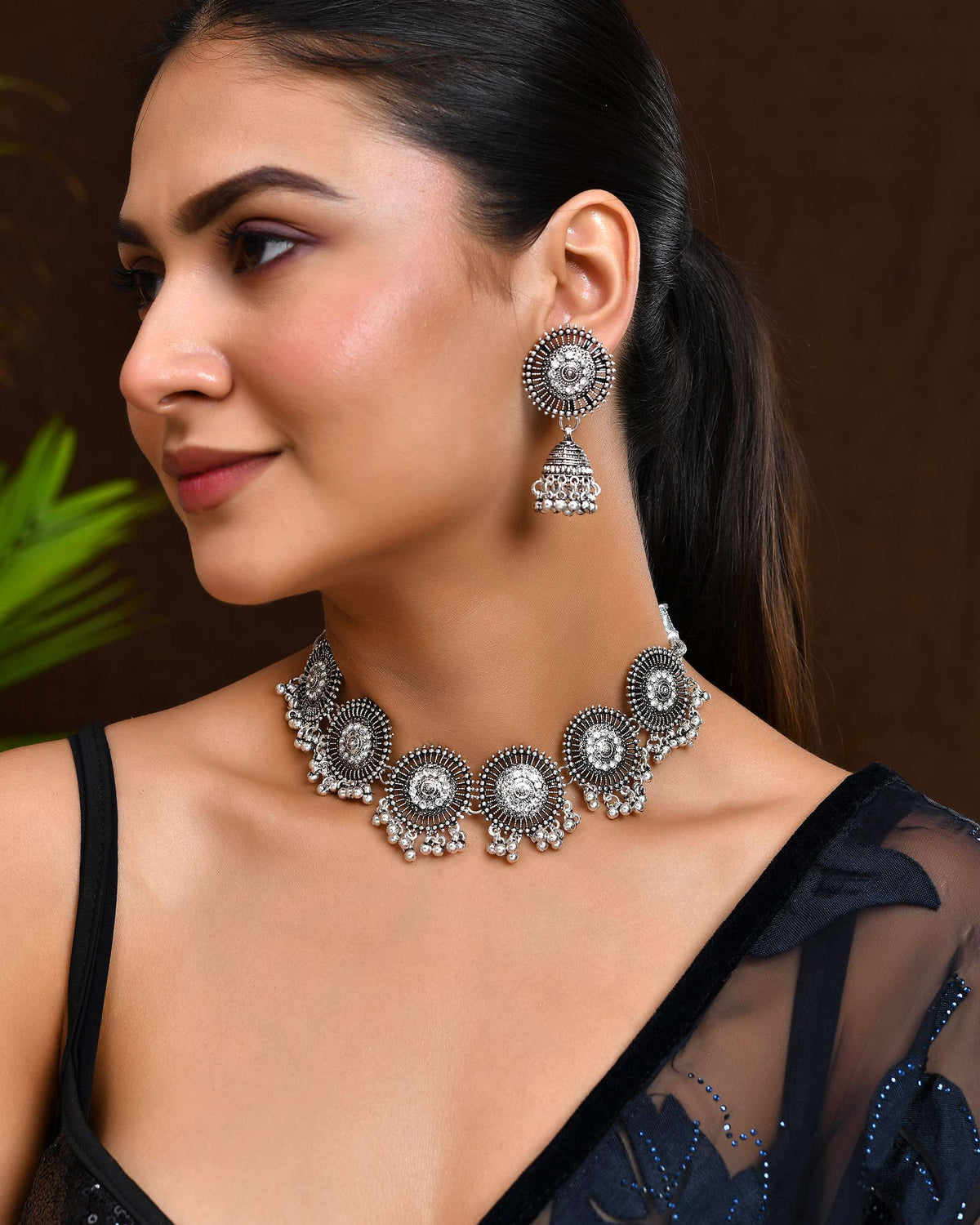 Jewels Nest Boho Inspired Adjustable Necklace with Dome Jhumkas | Grocsy
