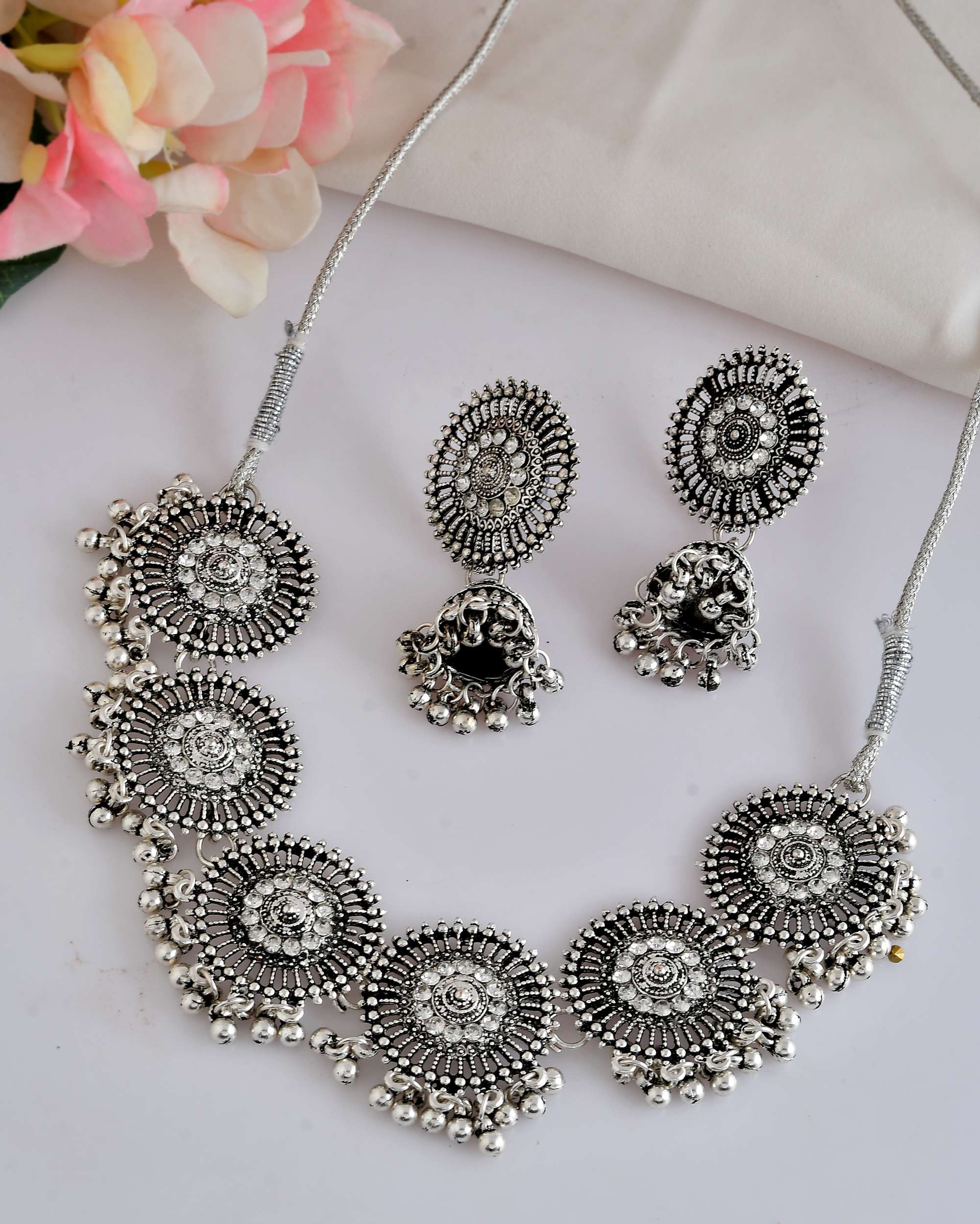 Jewels Nest Boho Inspired Adjustable Necklace with Dome Jhumkas | Grocsy