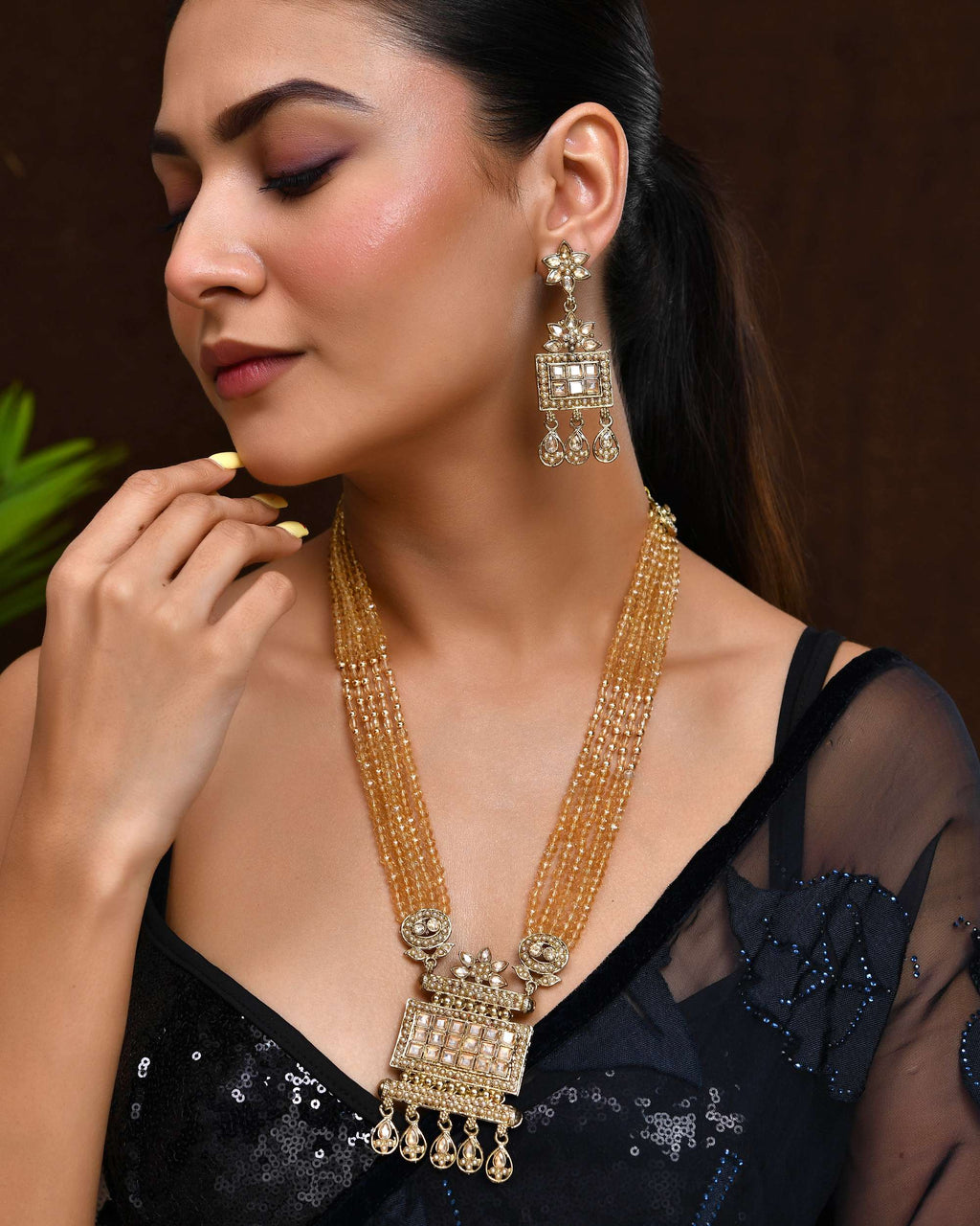 Jewels Nest Ethnic Multi-Strand Golden Bead Necklace Set for Women | Grocsy