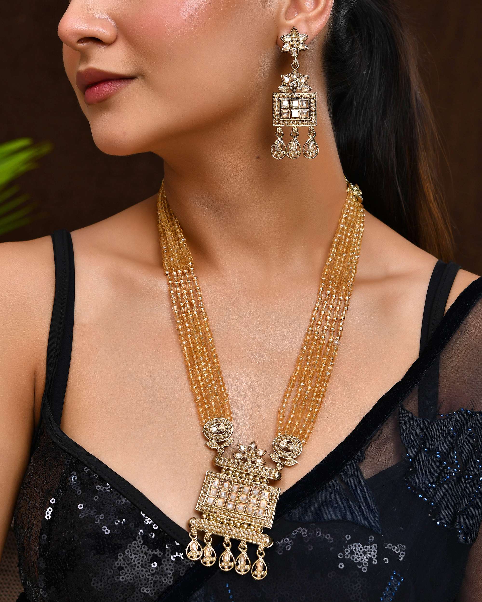 Jewels Nest Ethnic Multi-Strand Golden Bead Necklace Set for Women | Grocsy