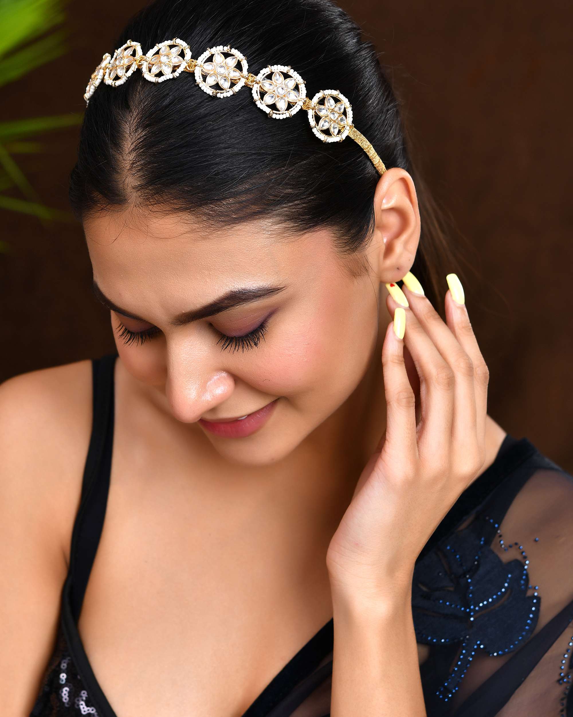 Jewels Nest Gold-Plated Kundan-Style Floral Hairband with Pearl Bead Accents | Grocsy