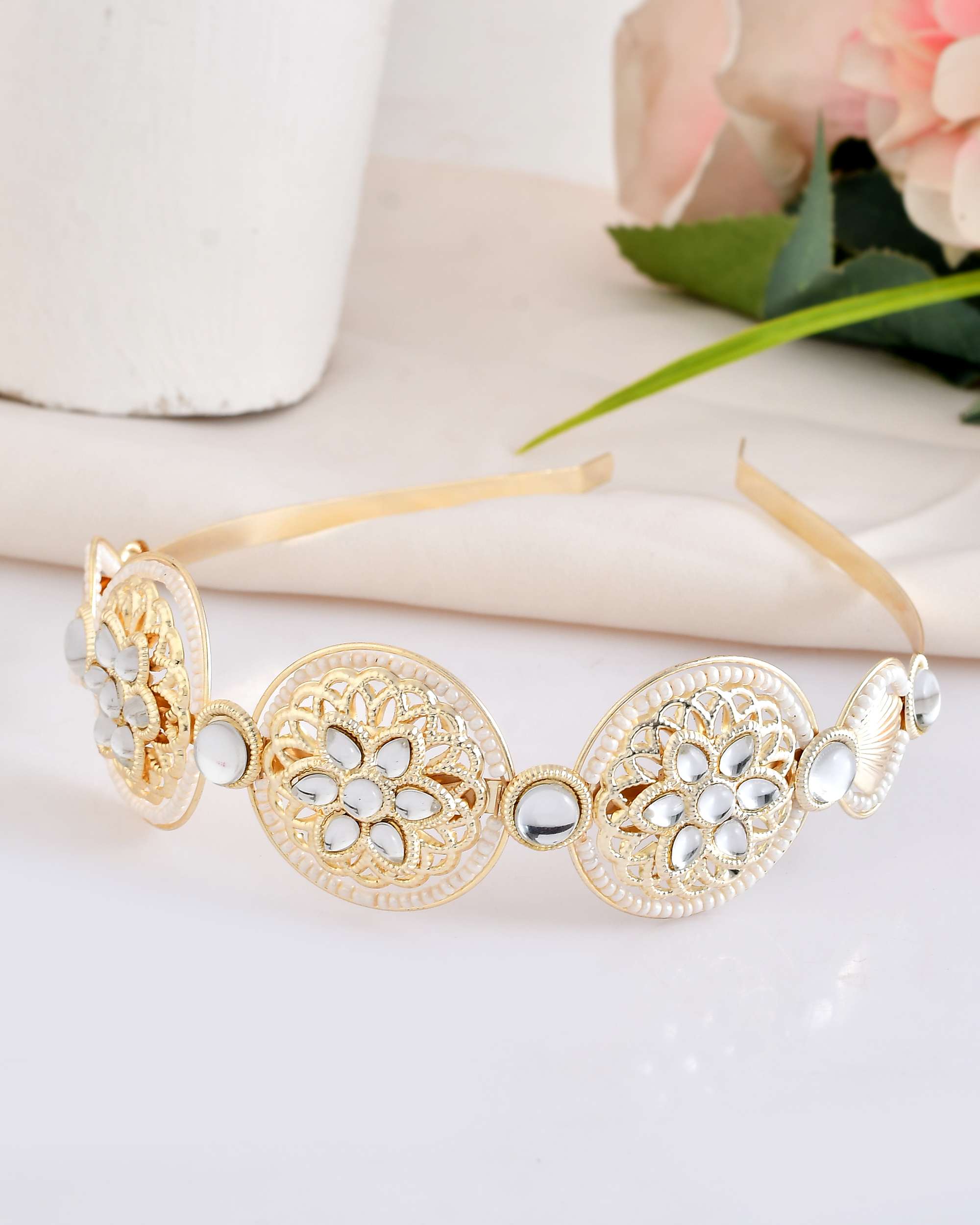 Jewels Nest Royal Kundan Mirror Work Hairband with Pearl Detailing | Grocsy