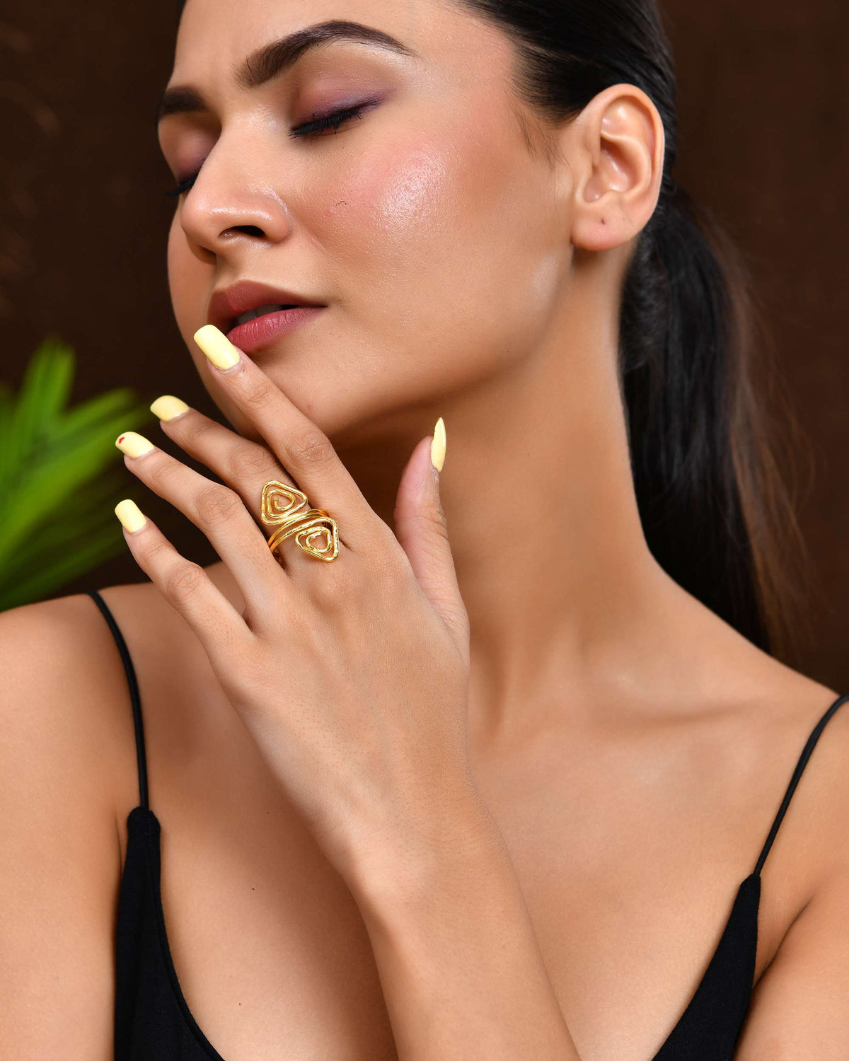 Jewels Nest Gold-Plated Textured Triple-Layer Adjustable Finger Ring | Anti-Tarnish Geometric Statement Ring for Women | Grocsy