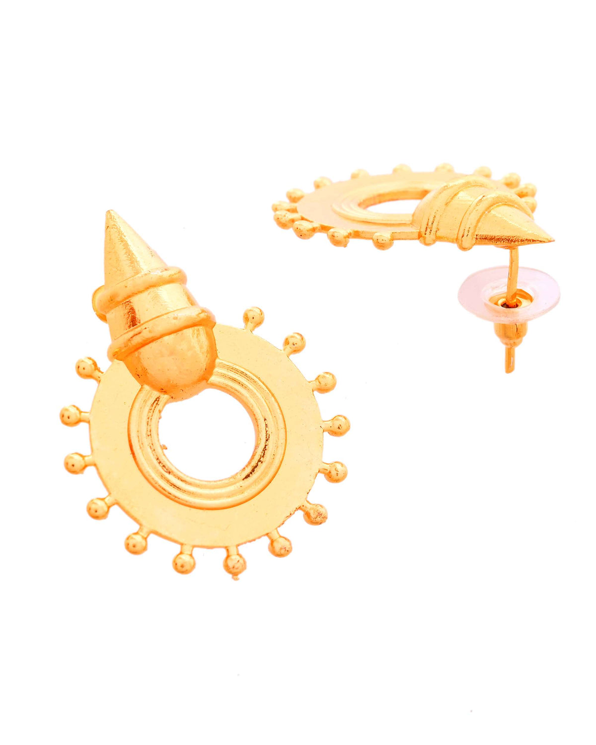 Jewels Nest Temple-Inspired Gold-Plated Stud Earrings | Traditional Cone & Ring Design with Beaded Detailing