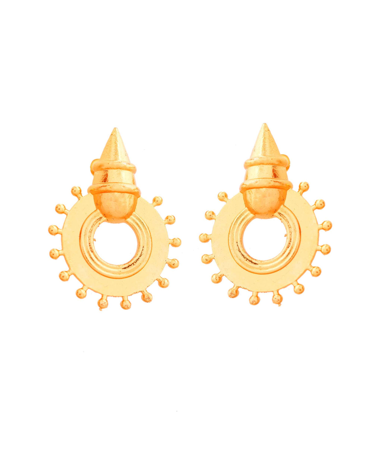 Jewels Nest Temple-Inspired Gold-Plated Stud Earrings | Traditional Cone & Ring Design with Beaded Detailing