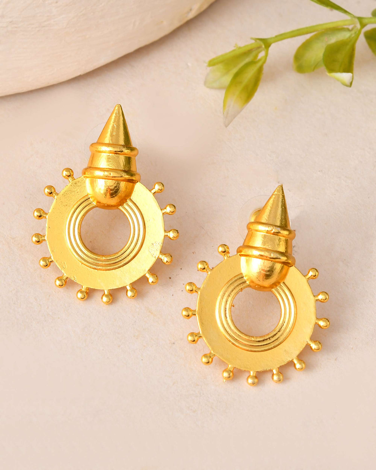 Jewels Nest Temple-Inspired Gold-Plated Stud Earrings | Traditional Cone & Ring Design with Beaded Detailing