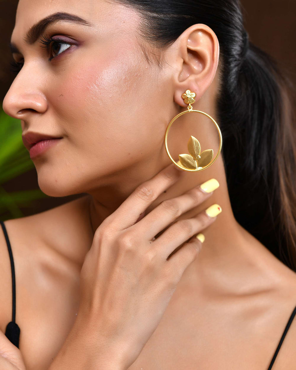 Jewels Nest Matte Gold Leaf Hoop Earrings for Women – Elegant Lightweight Ethnic Fusion Wear | Grocsy