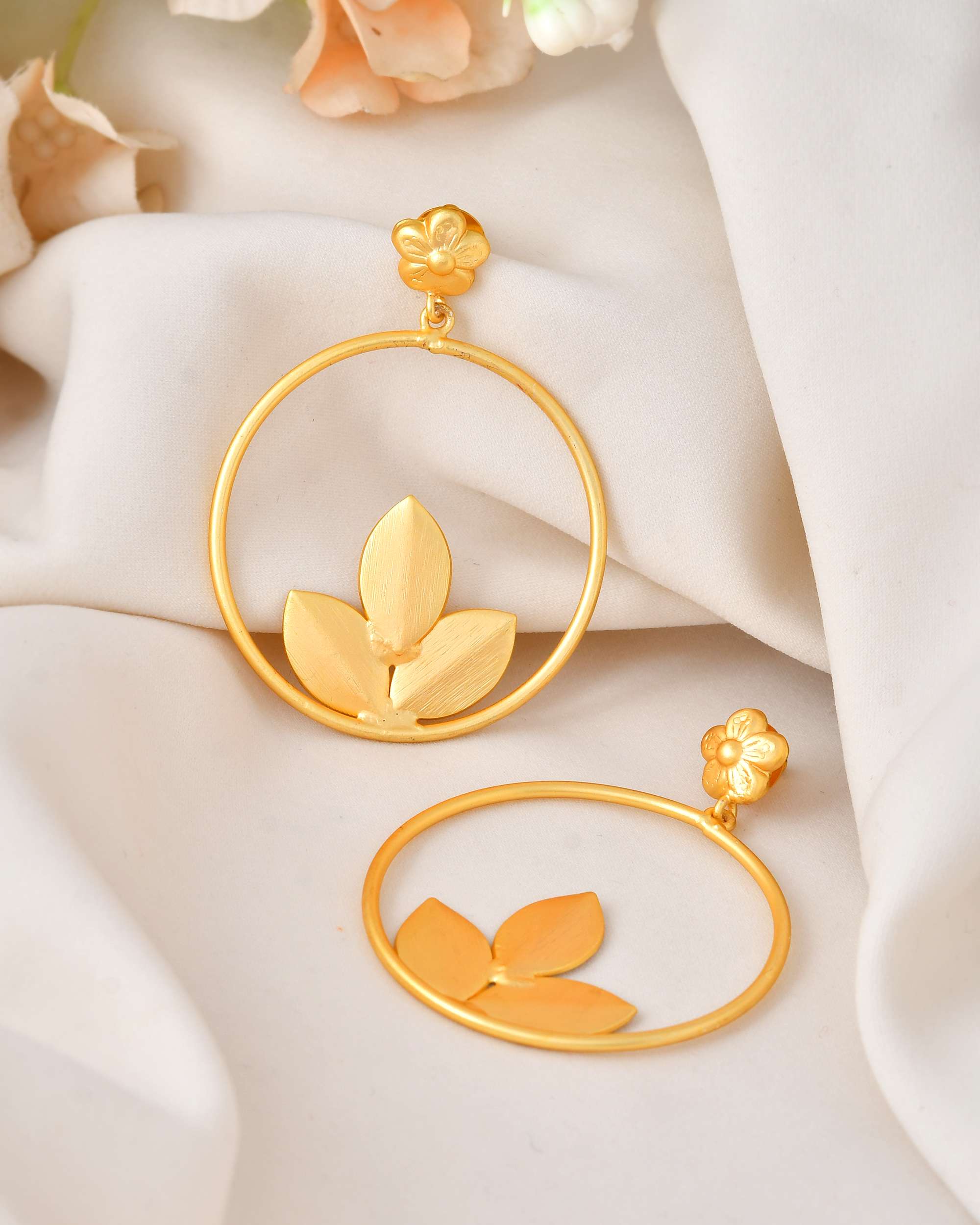 Jewels Nest Matte Gold Leaf Hoop Earrings for Women – Elegant Lightweight Ethnic Fusion Wear | Grocsy