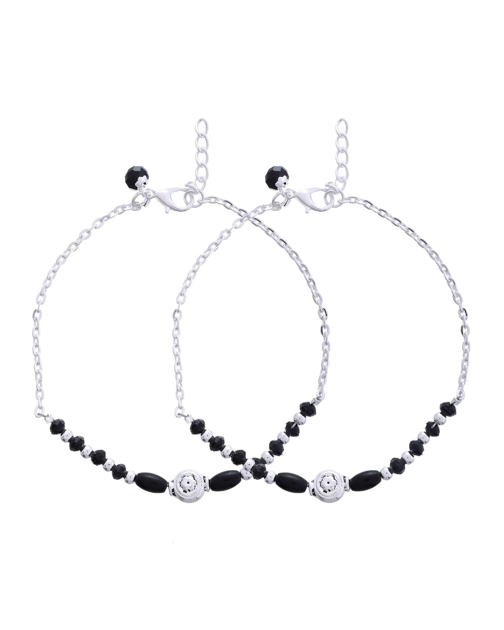 Jewels Nest Set of 2 Silver-Plated Stainless Steel Beaded Anklets with Artificial Black Stones & Floral Charms | Grocsy