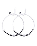 Jewels Nest Set of 2 Silver-Plated Stainless Steel Beaded Anklets with Artificial Black Stones & Floral Charms | Grocsy