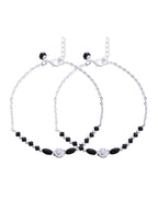 Jewels Nest Set of 2 Silver-Plated Stainless Steel Beaded Anklets with Artificial Black Stones & Floral Charms | Grocsy