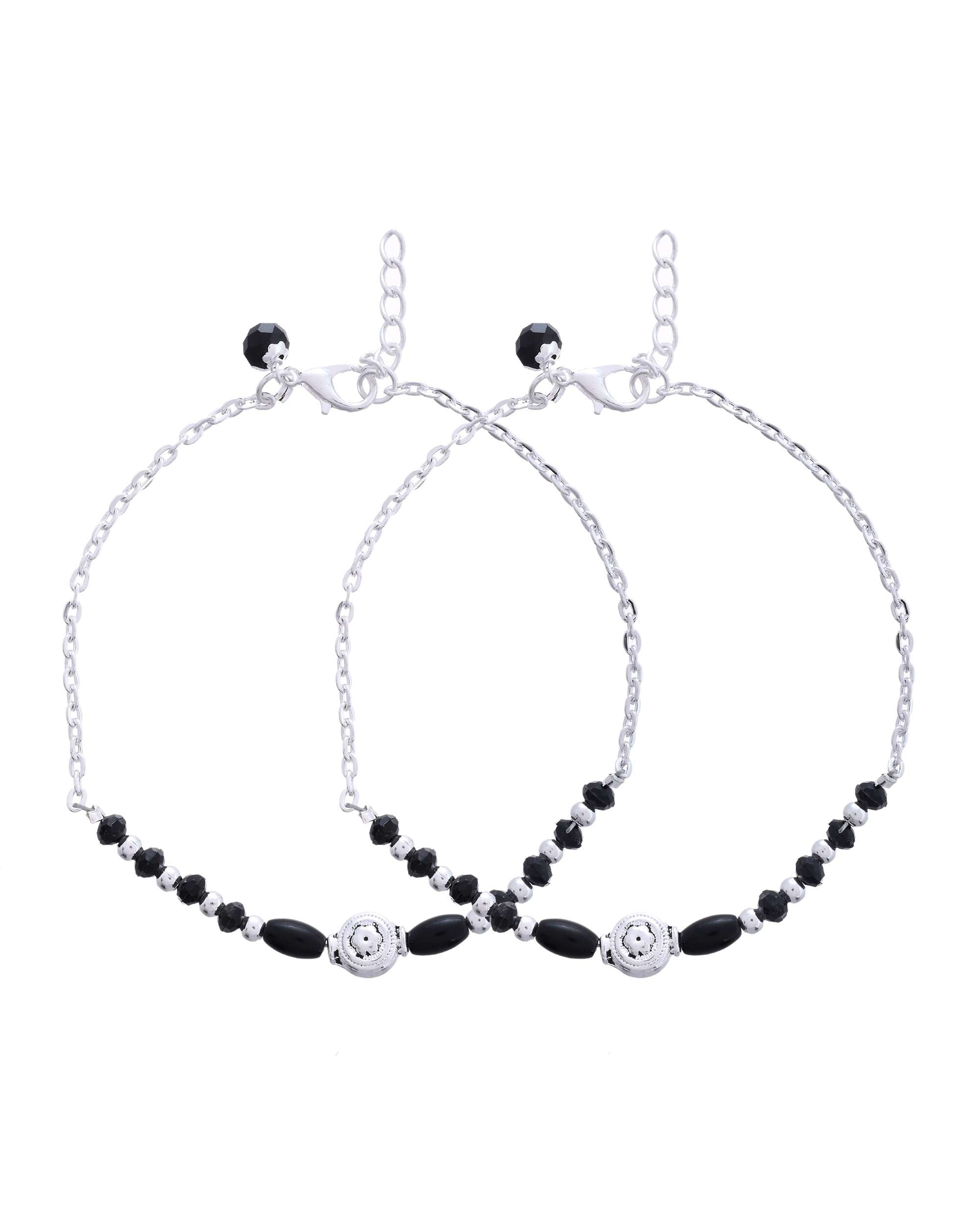 Jewels Nest Set of 2 Silver-Plated Stainless Steel Beaded Anklets with Artificial Black Stones & Floral Charms | Grocsy