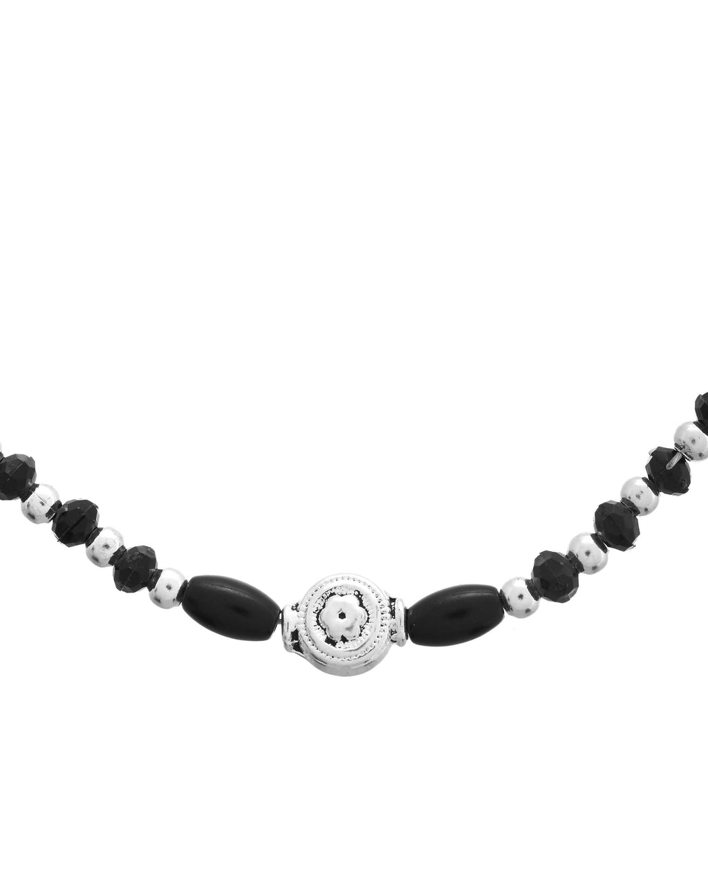 Jewels Nest Set of 2 Silver-Plated Stainless Steel Beaded Anklets with Artificial Black Stones & Floral Charms | Grocsy