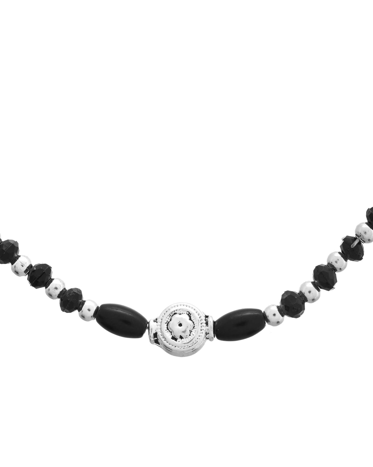 Jewels Nest Set of 2 Silver-Plated Stainless Steel Beaded Anklets with Artificial Black Stones & Floral Charms | Grocsy