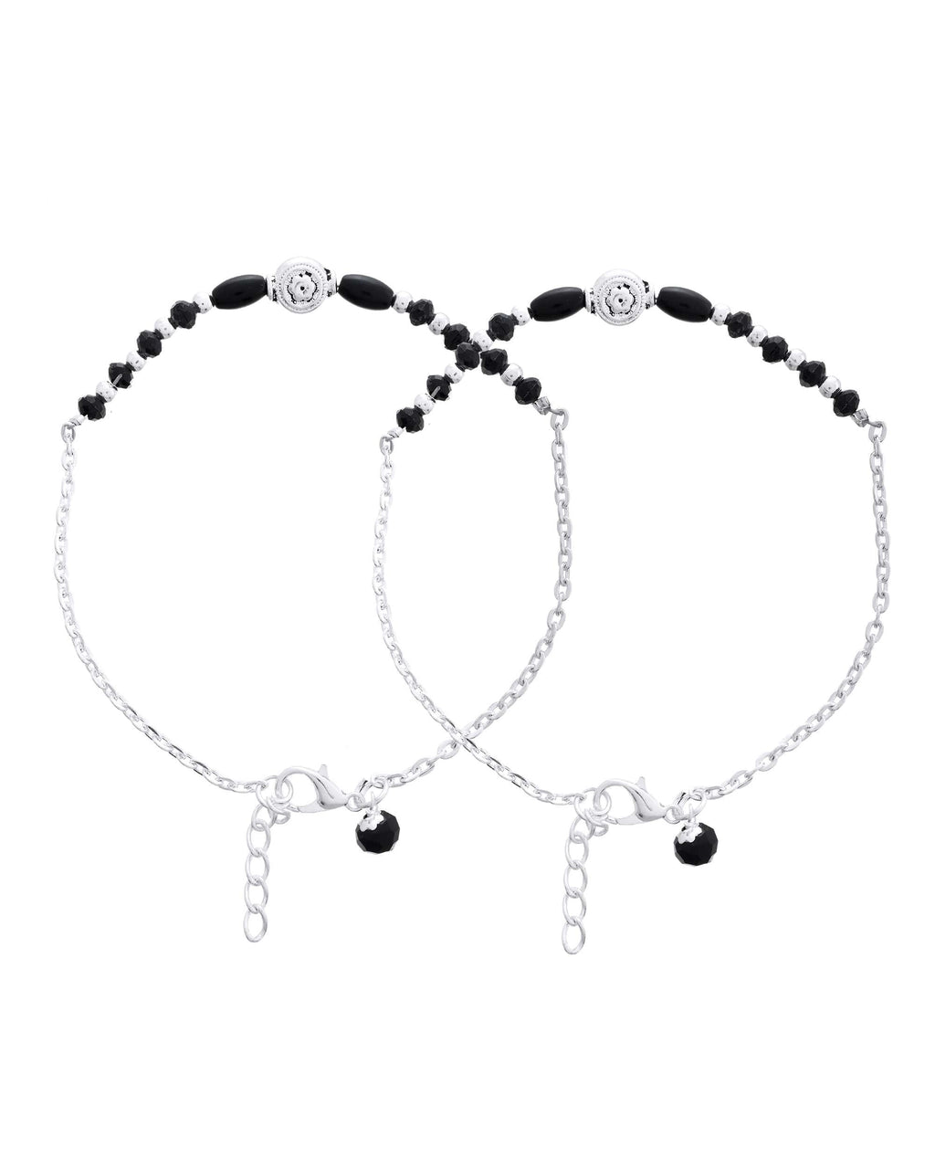 Jewels Nest Set of 2 Silver-Plated Stainless Steel Beaded Anklets with Artificial Black Stones & Floral Charms | Grocsy