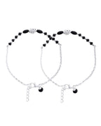 Jewels Nest Set of 2 Silver-Plated Stainless Steel Beaded Anklets with Artificial Black Stones & Floral Charms | Grocsy