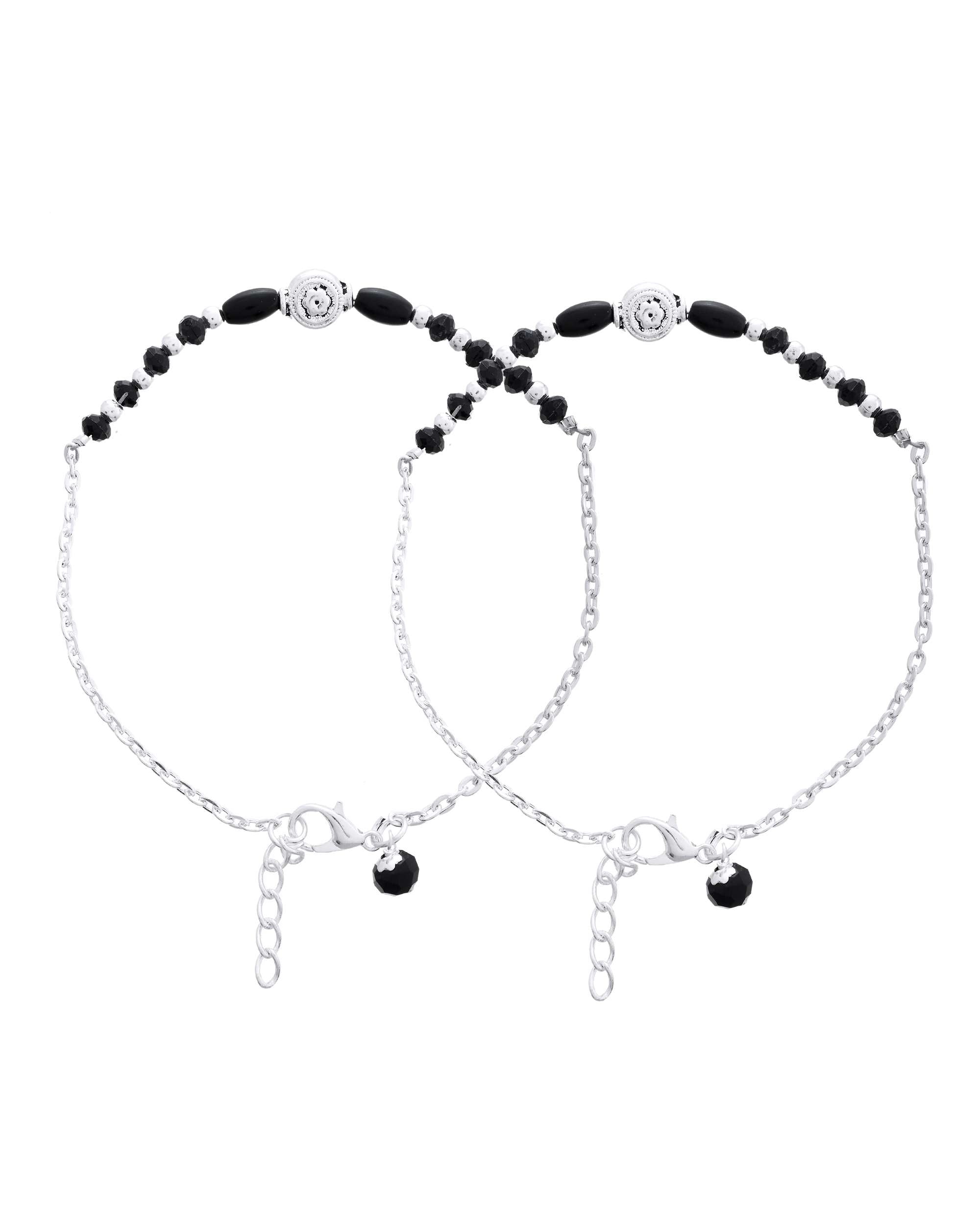 Jewels Nest Set of 2 Silver-Plated Stainless Steel Beaded Anklets with Artificial Black Stones & Floral Charms | Grocsy
