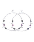 Jewels Nest Set of 2 Silver-Plated Stainless Steel Evil Eye & Pink Beaded Anklets | Grocsy