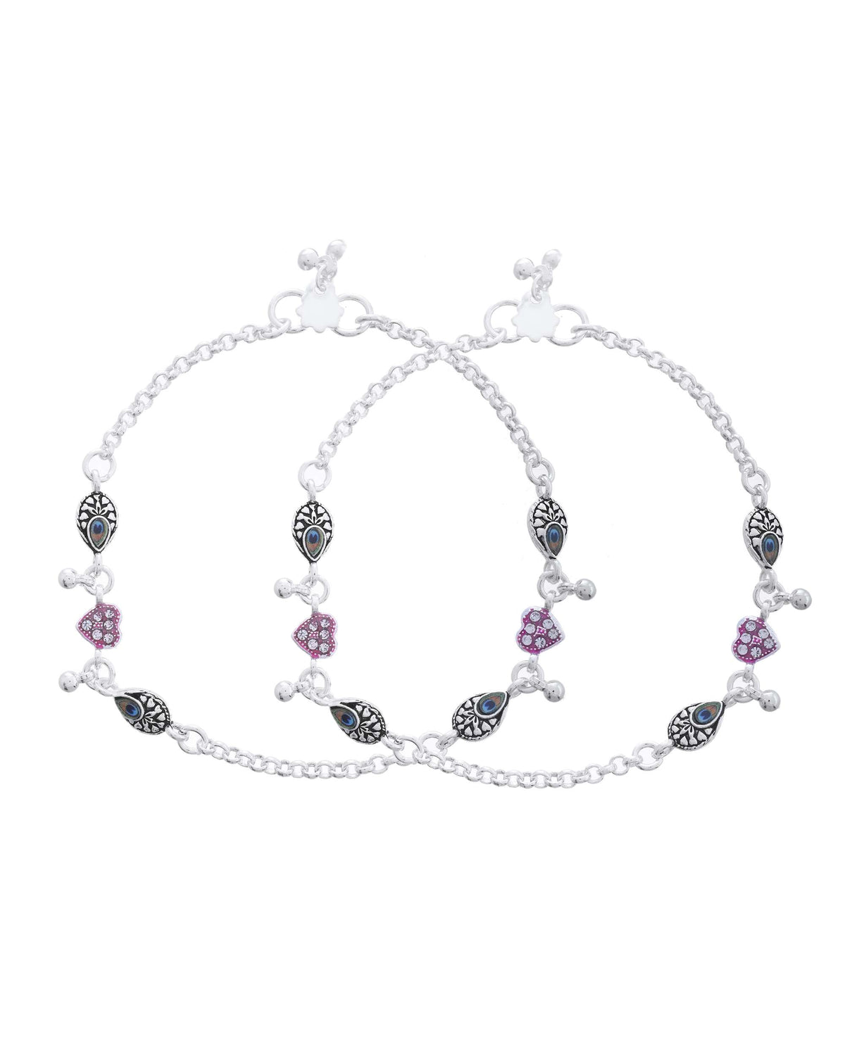 Jewels Nest Set of 2 Silver-Plated Stainless Steel Evil Eye & Pink Beaded Anklets | Grocsy