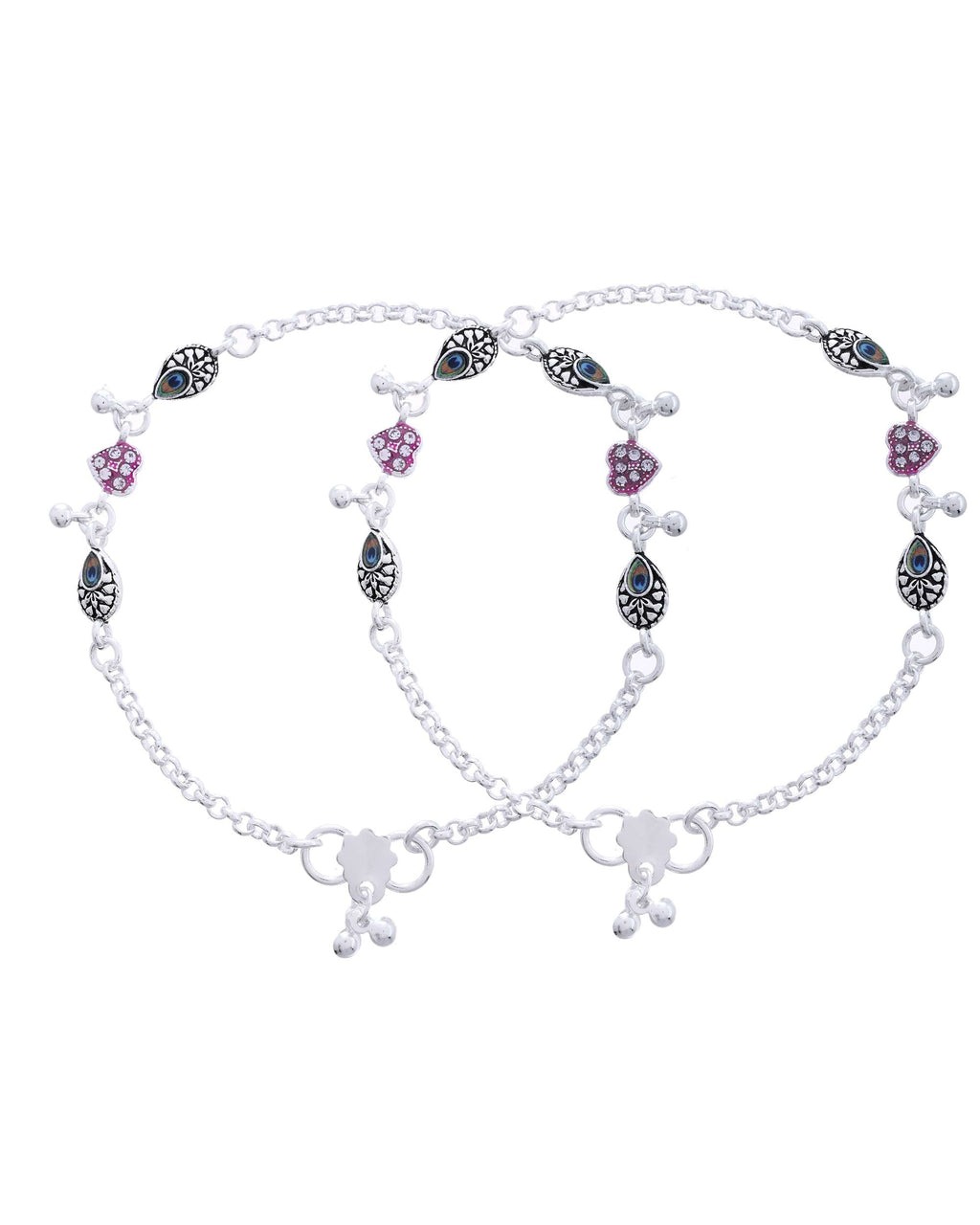 Jewels Nest Set of 2 Silver-Plated Stainless Steel Evil Eye & Pink Beaded Anklets | Grocsy