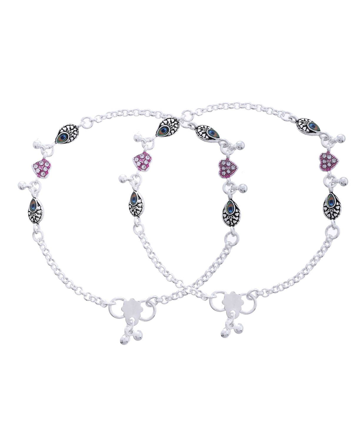 Jewels Nest Set of 2 Silver-Plated Stainless Steel Evil Eye & Pink Beaded Anklets | Grocsy