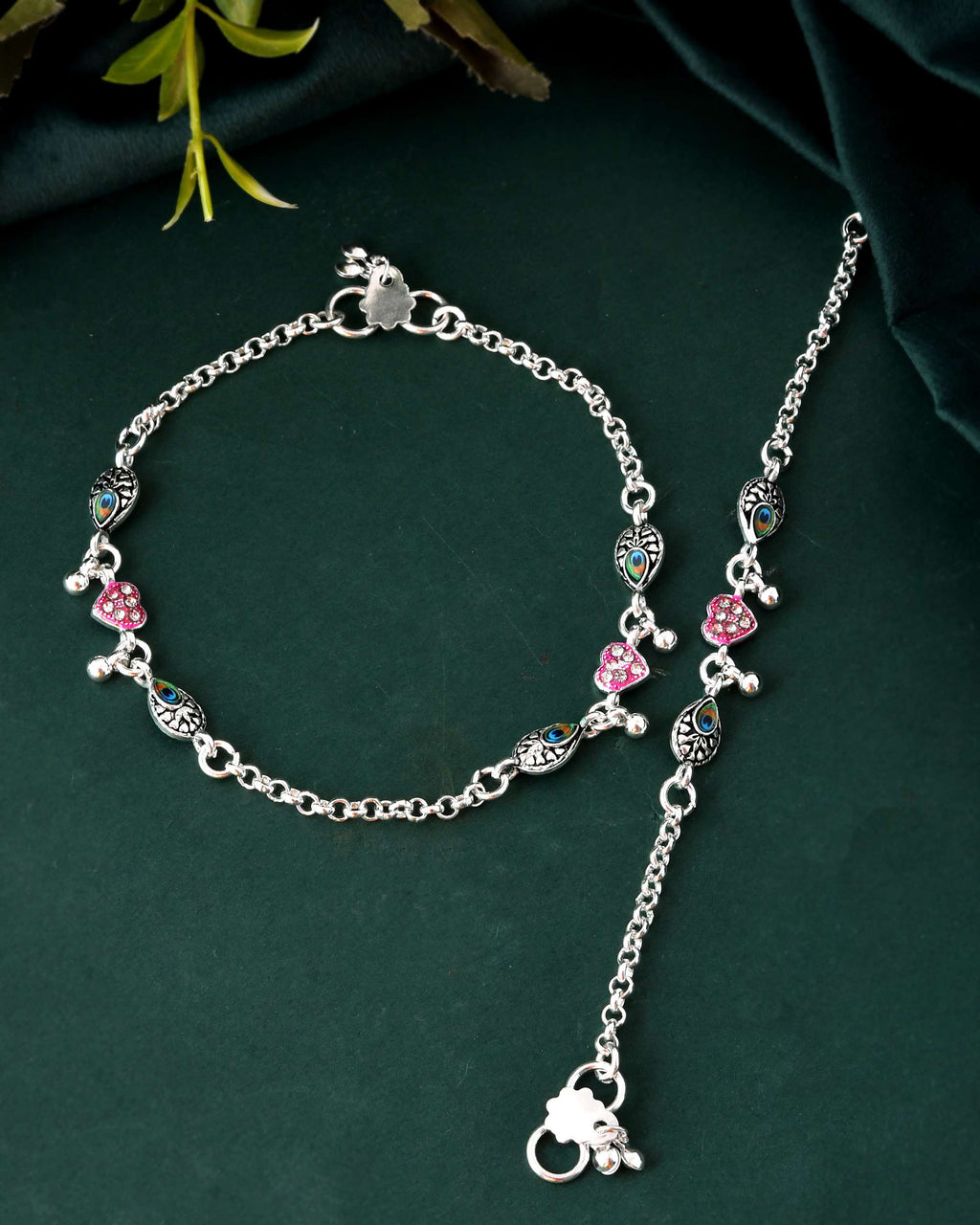 Jewels Nest Set of 2 Silver-Plated Stainless Steel Evil Eye & Pink Beaded Anklets | Grocsy