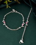 Jewels Nest Set of 2 Silver-Plated Stainless Steel Evil Eye & Pink Beaded Anklets | Grocsy