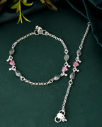 Jewels Nest Set of 2 Silver-Plated Stainless Steel Evil Eye & Pink Beaded Anklets | Grocsy