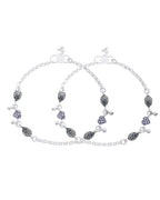Jewels Nest Set of 2 Silver-Plated Stainless Steel Evil Eye & Heart Charm Beaded Anklets | Grocsy