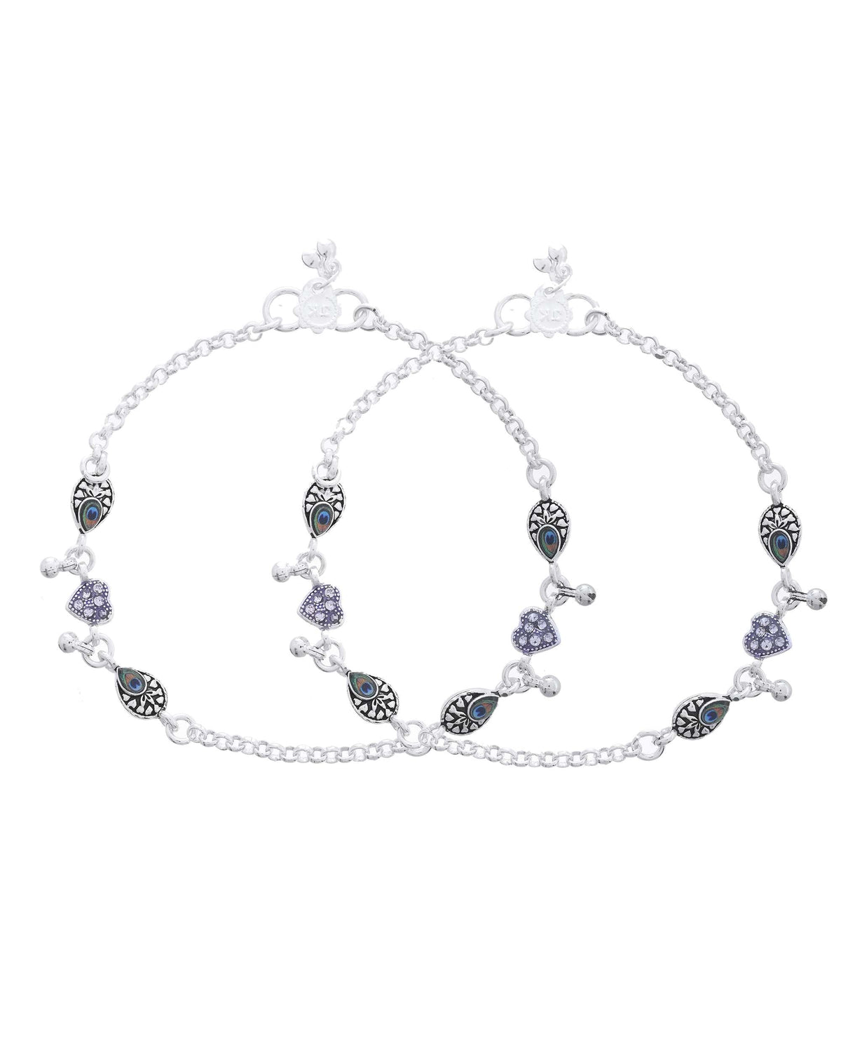 Jewels Nest Set of 2 Silver-Plated Stainless Steel Evil Eye & Heart Charm Beaded Anklets | Grocsy