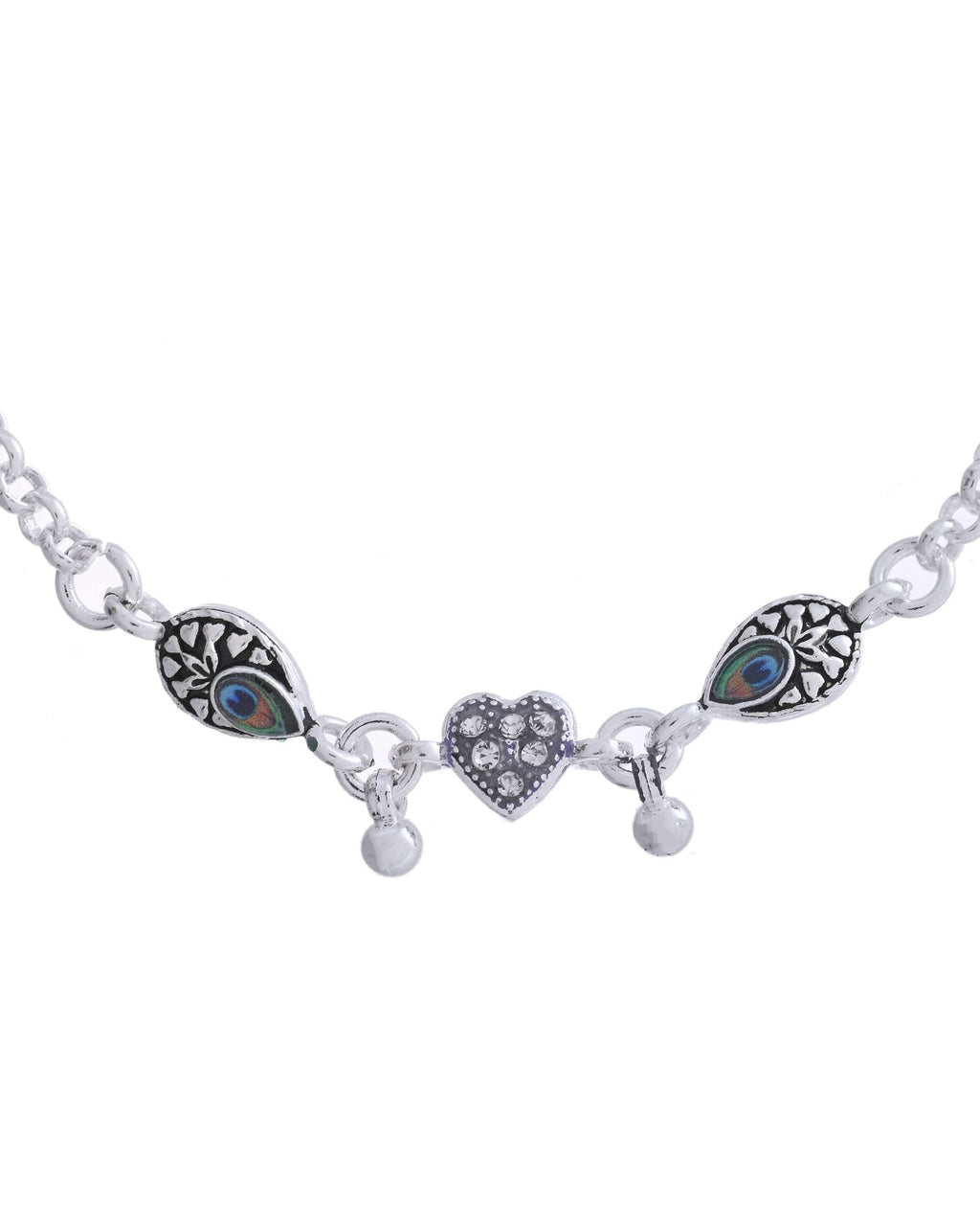 Jewels Nest Set of 2 Silver-Plated Stainless Steel Evil Eye & Heart Charm Beaded Anklets | Grocsy