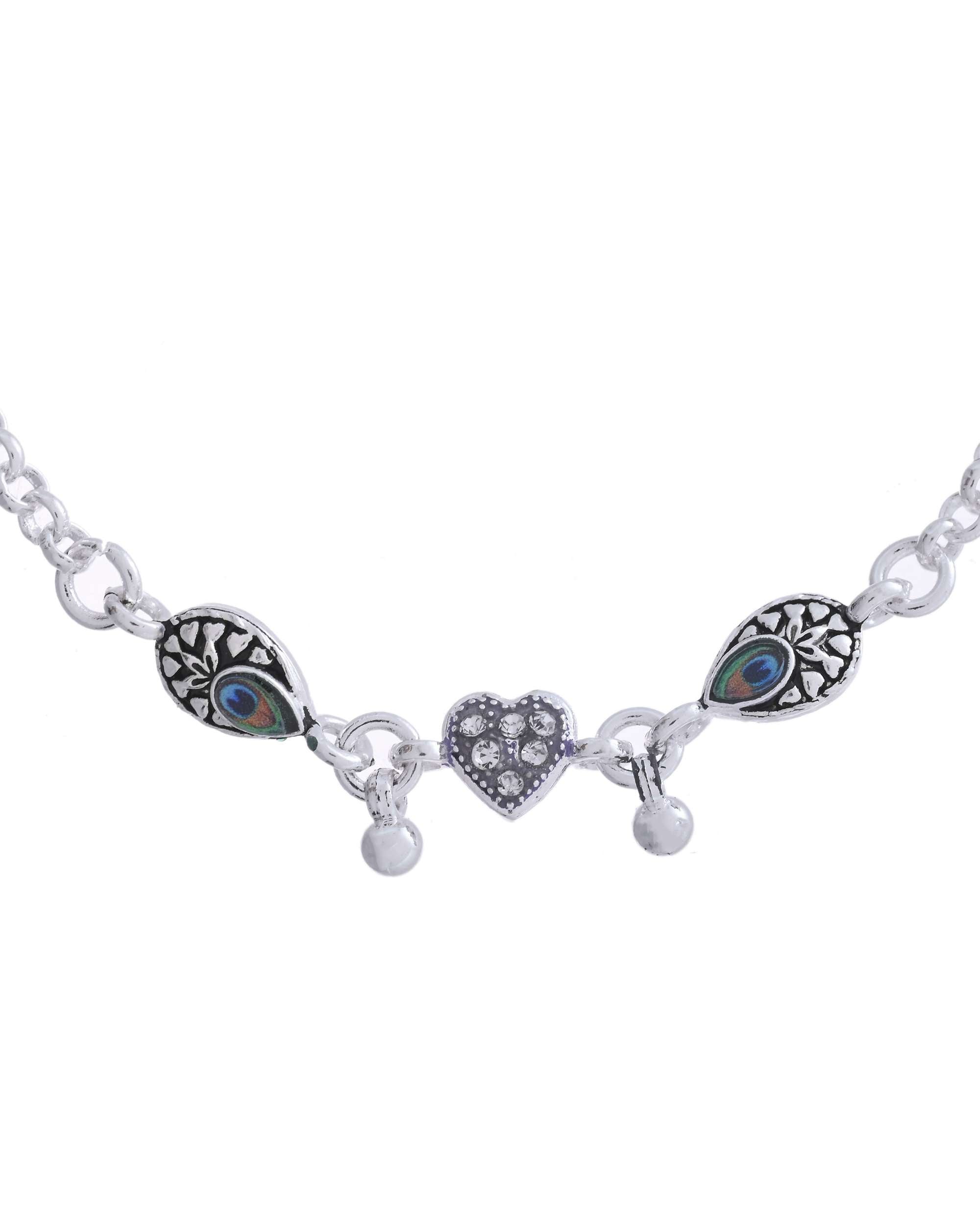Jewels Nest Set of 2 Silver-Plated Stainless Steel Evil Eye & Heart Charm Beaded Anklets | Grocsy