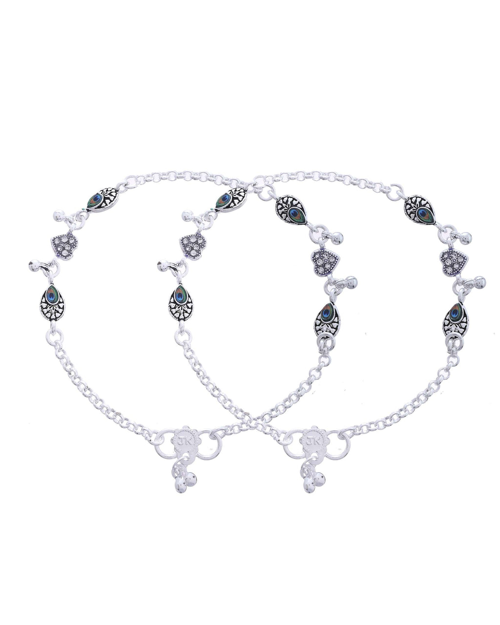 Jewels Nest Set of 2 Silver-Plated Stainless Steel Evil Eye & Heart Charm Beaded Anklets | Grocsy
