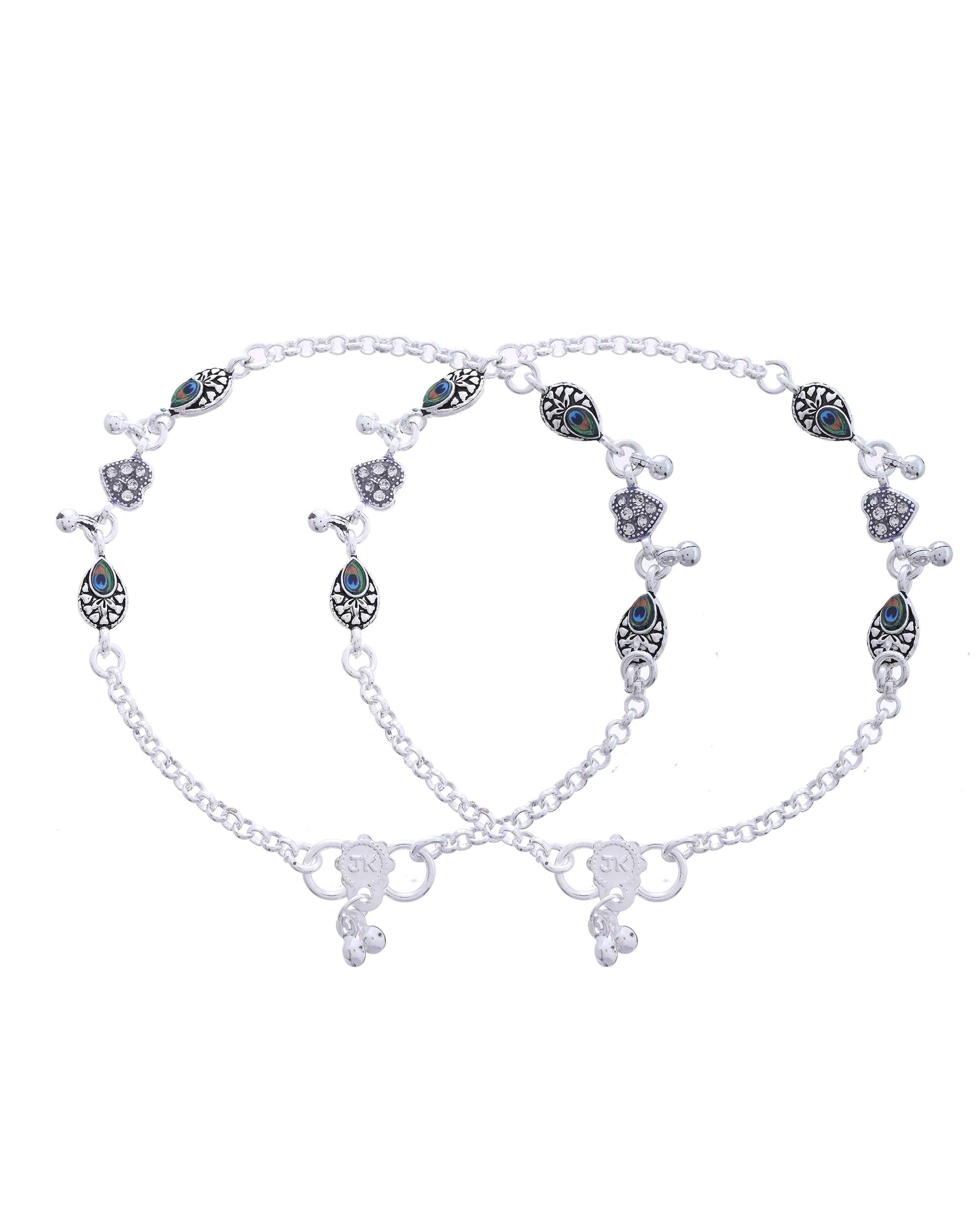 Jewels Nest Set of 2 Silver-Plated Stainless Steel Evil Eye & Heart Charm Beaded Anklets | Grocsy