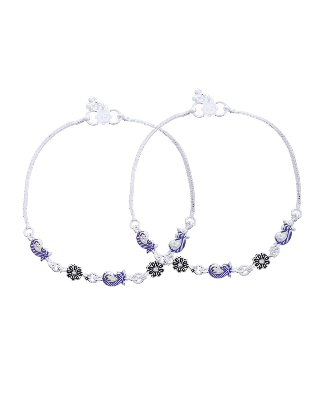 Jewels Nest Set of 2 Silver-Plated Stainless Steel Paisley & Floral Charm Anklets | Grocsy