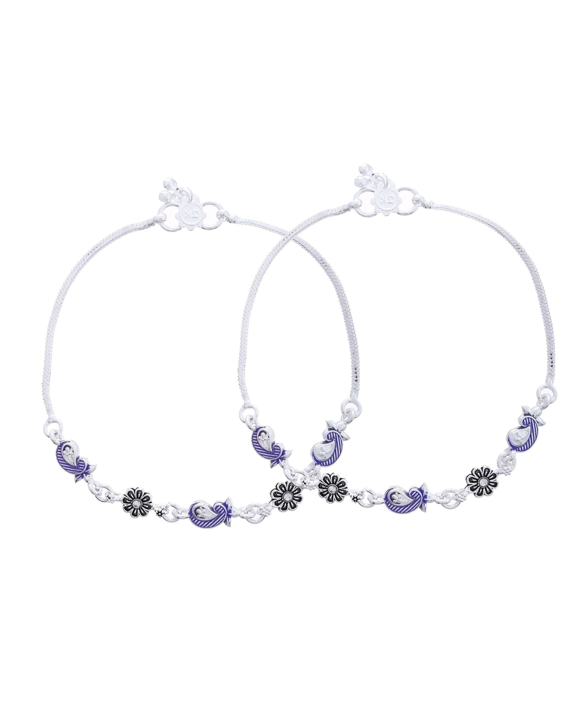 Jewels Nest Set of 2 Silver-Plated Stainless Steel Paisley & Floral Charm Anklets | Grocsy
