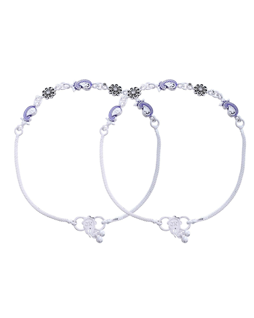 Jewels Nest Set of 2 Silver-Plated Stainless Steel Paisley & Floral Charm Anklets | Grocsy