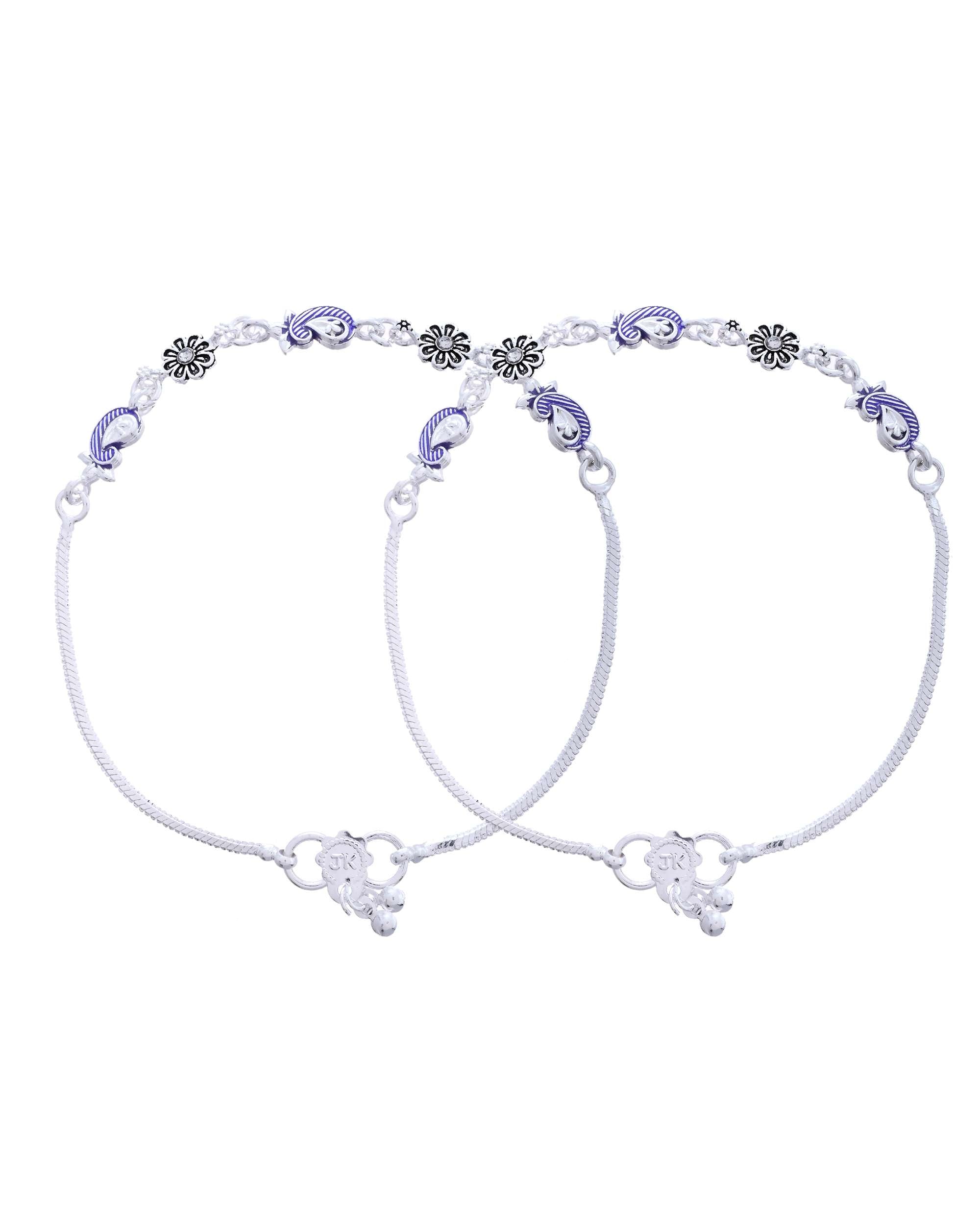 Jewels Nest Set of 2 Silver-Plated Stainless Steel Paisley & Floral Charm Anklets | Grocsy