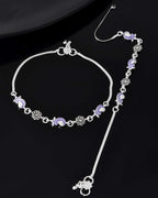 Jewels Nest Set of 2 Silver-Plated Stainless Steel Paisley & Floral Charm Anklets | Grocsy