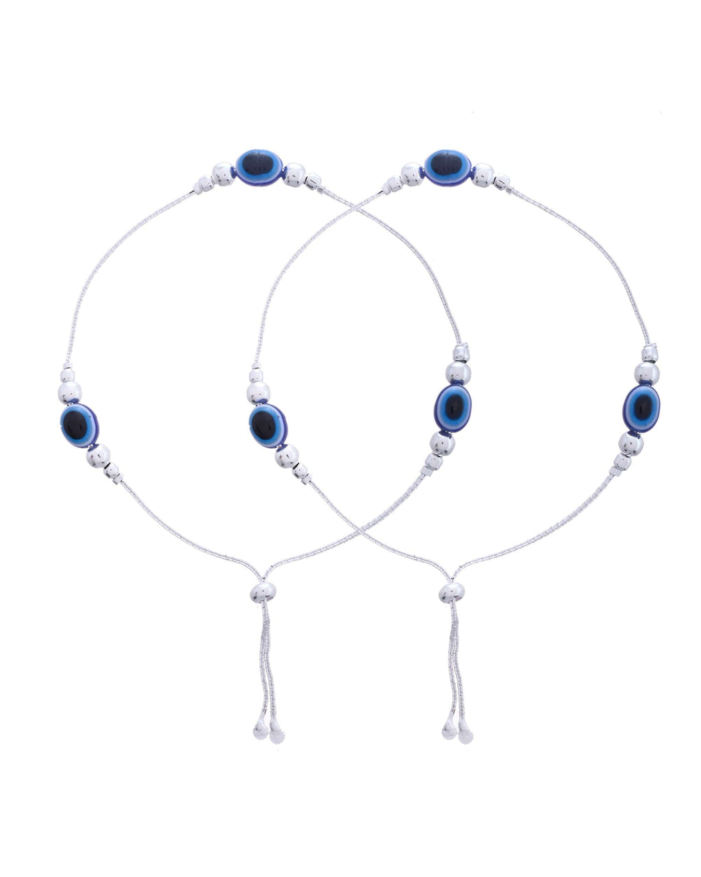 Jewels Nest Set of 2 Silver-Plated Stainless Steel Evil Eye Beaded Anklets | Grocsy