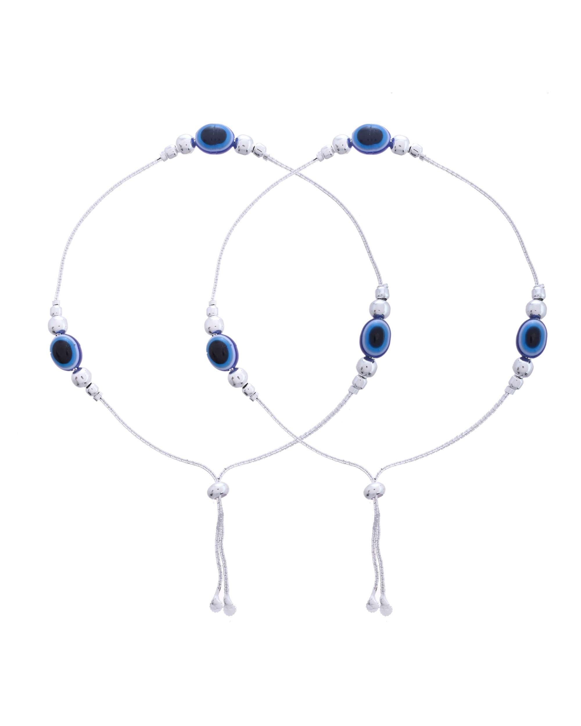 Jewels Nest Set of 2 Silver-Plated Stainless Steel Evil Eye Beaded Anklets | Grocsy