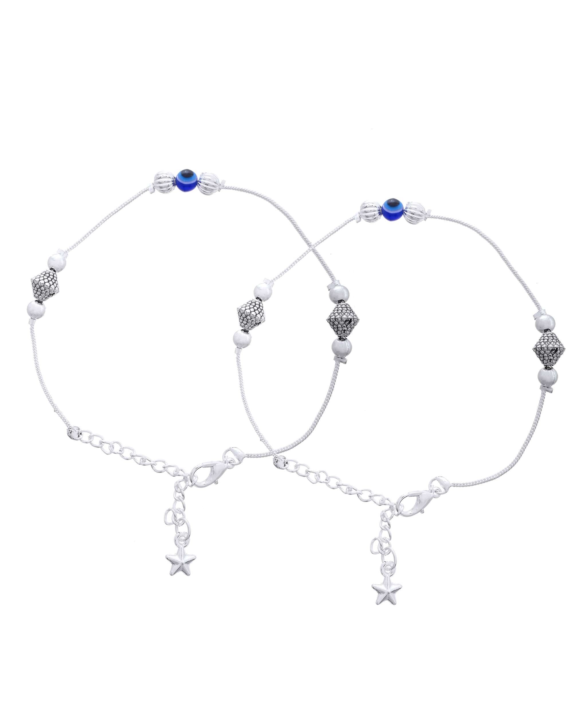 Jewels Nest Silver-Plated Stainless Steel Anklet Set with Evil Eye & Metallic Charms | Grocsy