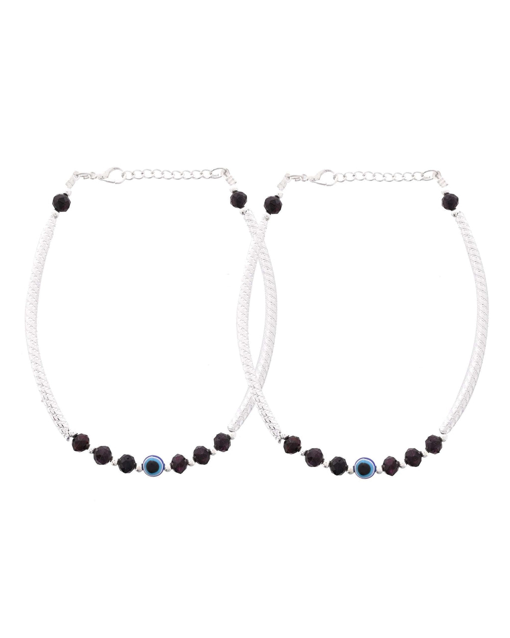 Jewels Nest Set of 2 Silver-Tone Stainless Steel Evil Eye Anklets with Beads | Grocsy