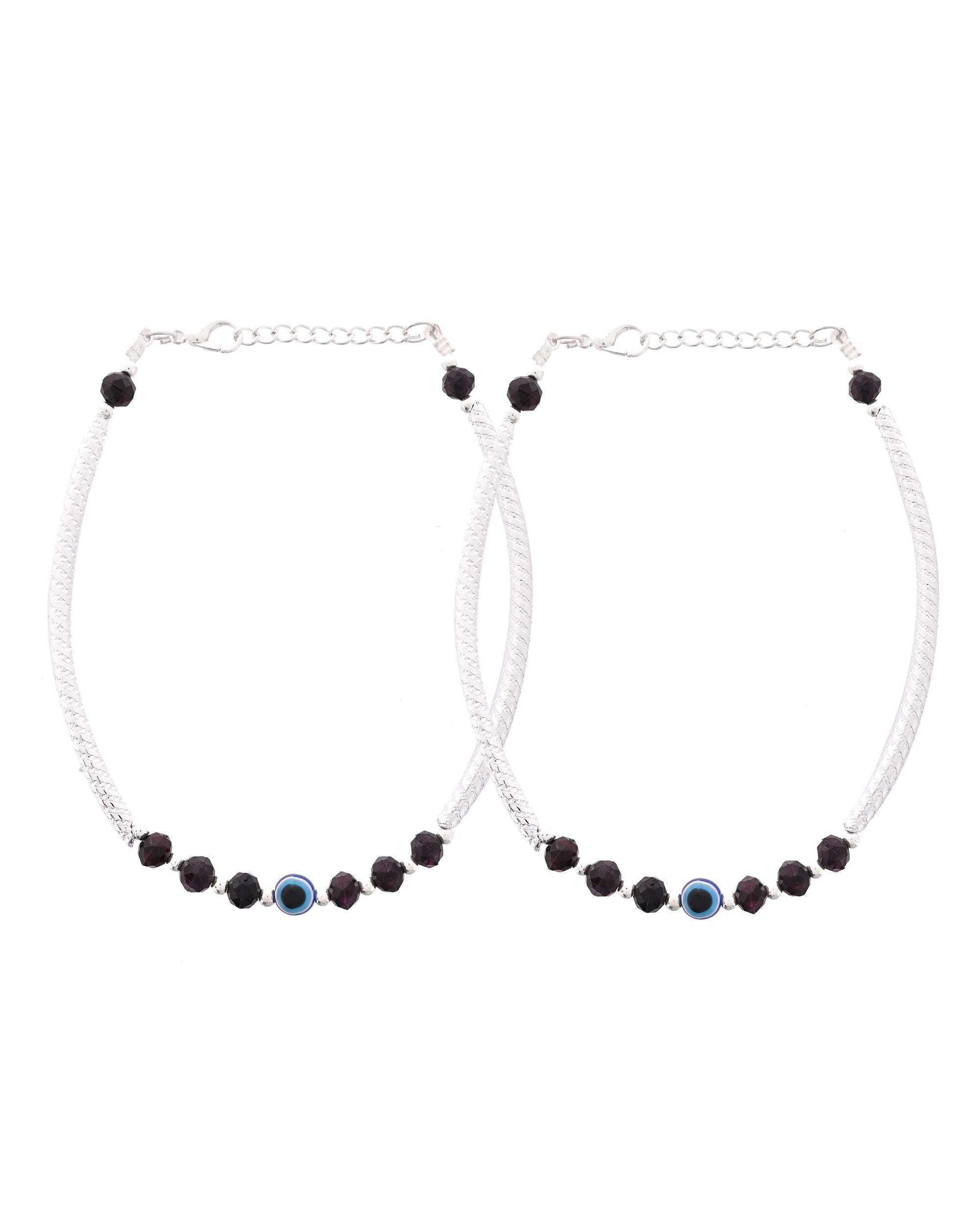 Jewels Nest Set of 2 Silver-Tone Stainless Steel Evil Eye Anklets with Beads | Grocsy