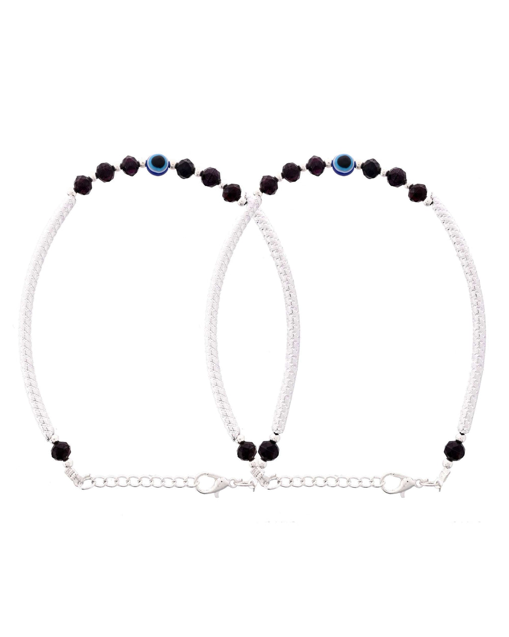 Jewels Nest Set of 2 Silver-Tone Stainless Steel Evil Eye Anklets with Beads | Grocsy